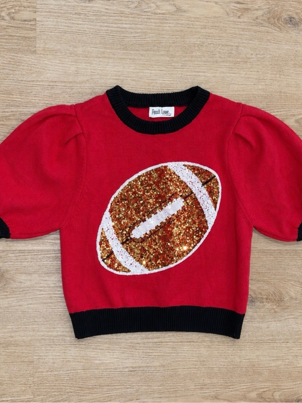 Peach Love California Red Knit Top with Gold Sequin Football